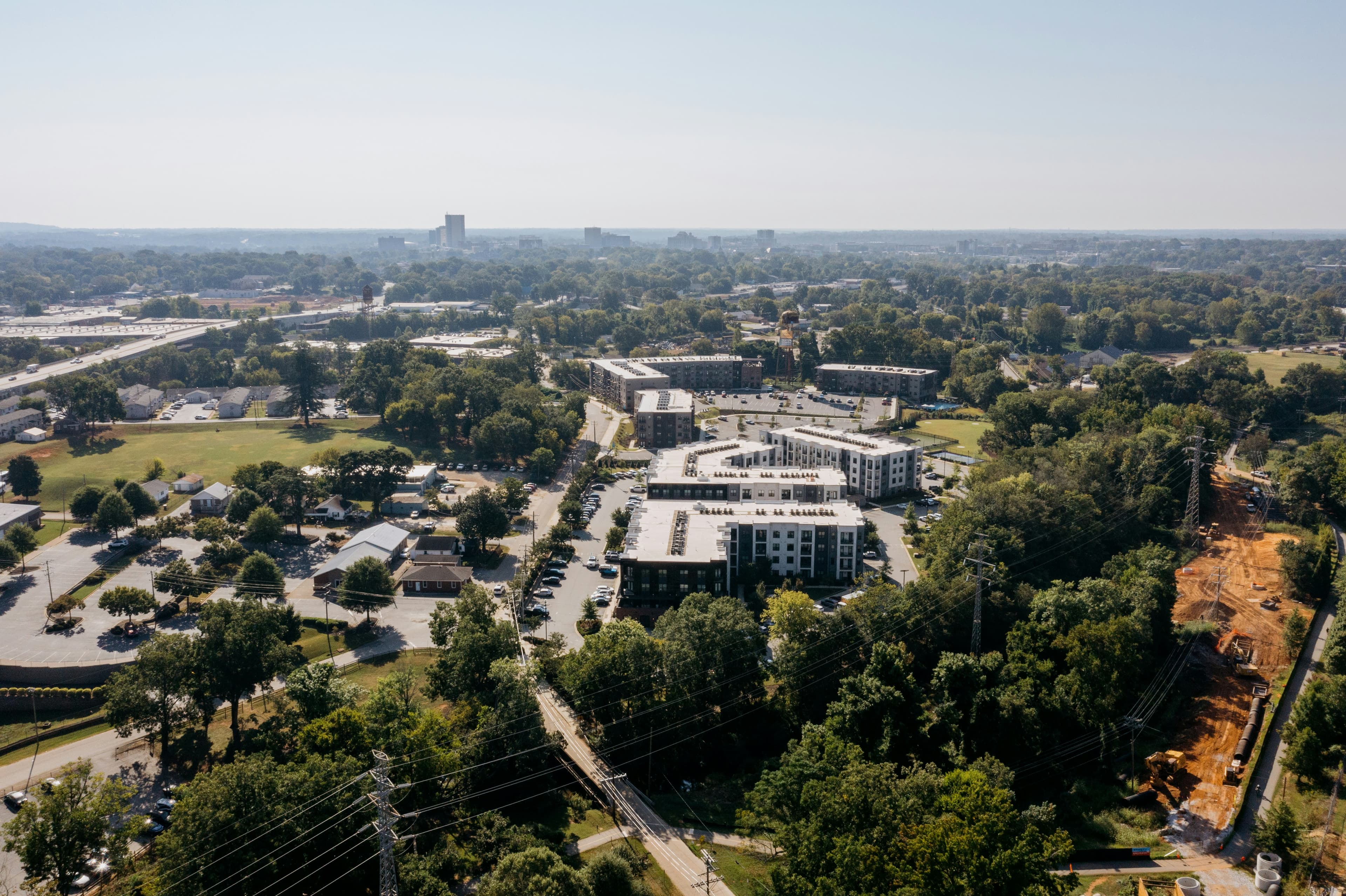 Aerial view of a university campus with quads and walkways.
