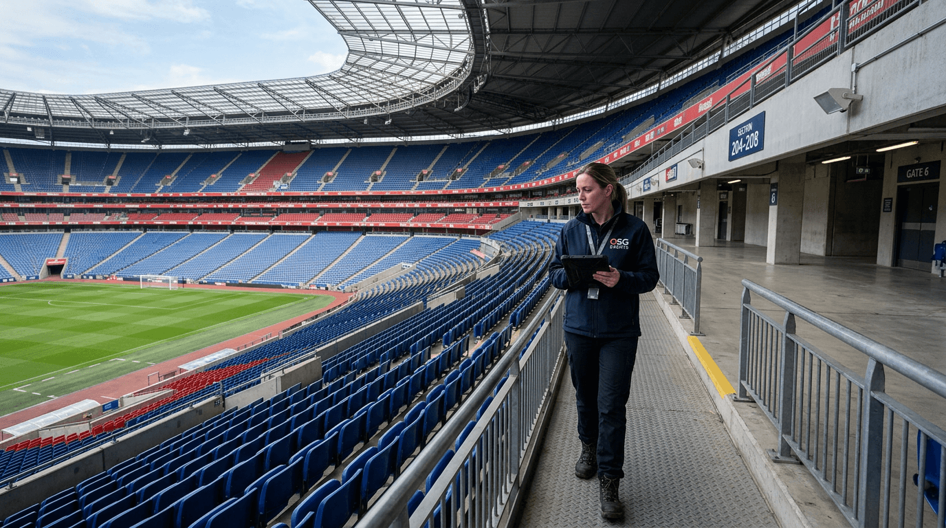 Woman Inspecting Stadium Seats