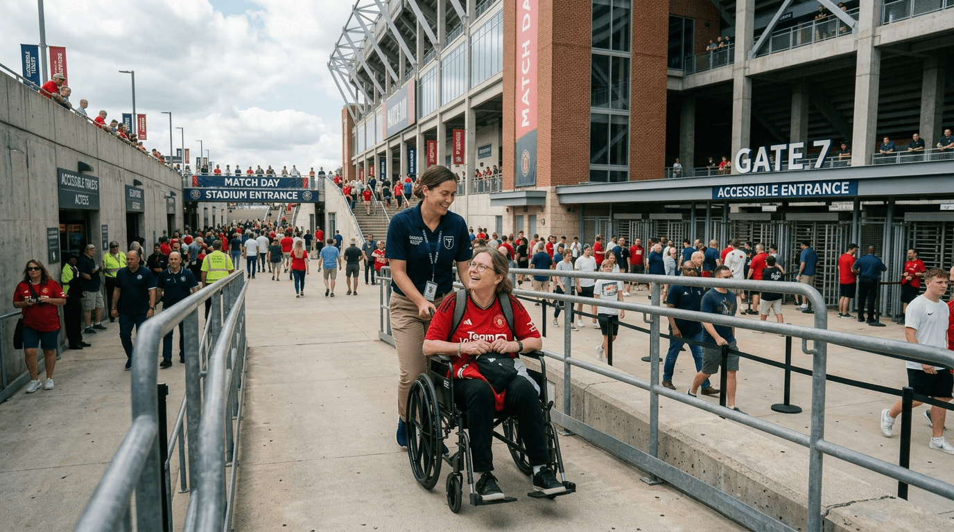 Worker Pushing Attendee In Wheelchair